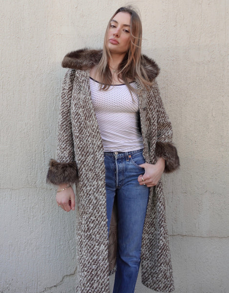 VINTAGE WOOL FAUX FUR TRIM COAT