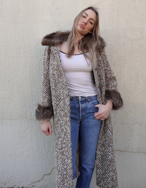 VINTAGE WOOL FAUX FUR TRIM COAT