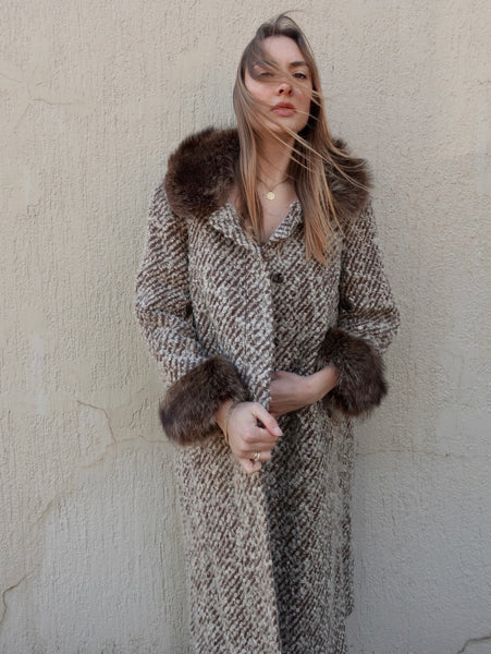 VINTAGE WOOL FAUX FUR TRIM COAT