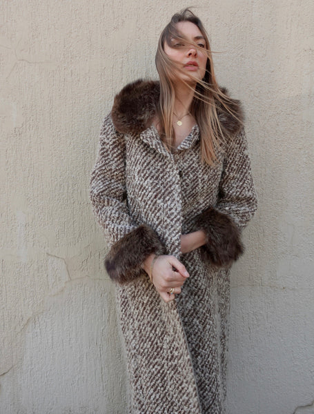 VINTAGE WOOL FAUX FUR TRIM COAT