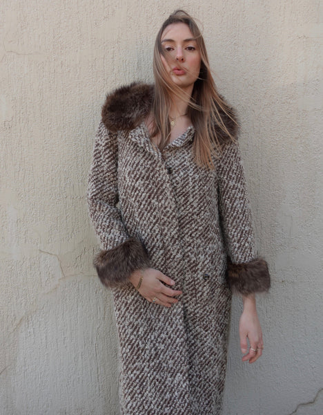 VINTAGE WOOL FAUX FUR TRIM COAT