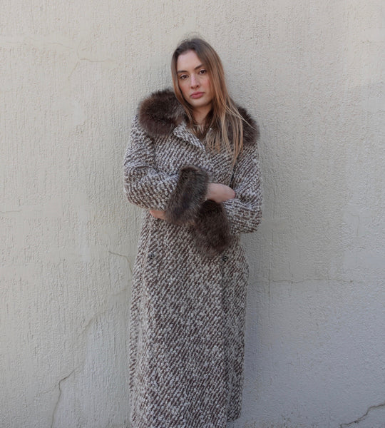 VINTAGE WOOL FAUX FUR TRIM COAT