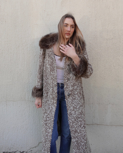 VINTAGE WOOL FAUX FUR TRIM COAT