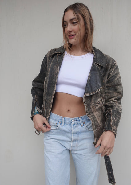 VINTAGE DISTRESSED LEATHER BIKER JACKET