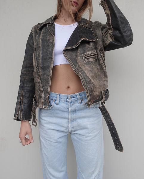 VINTAGE DISTRESSED LEATHER BIKER JACKET